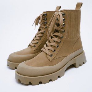 New Zara LUG SOLE LACE-UP LEATHER ANKLE BOOTS size US 6.5 Sandy Brown